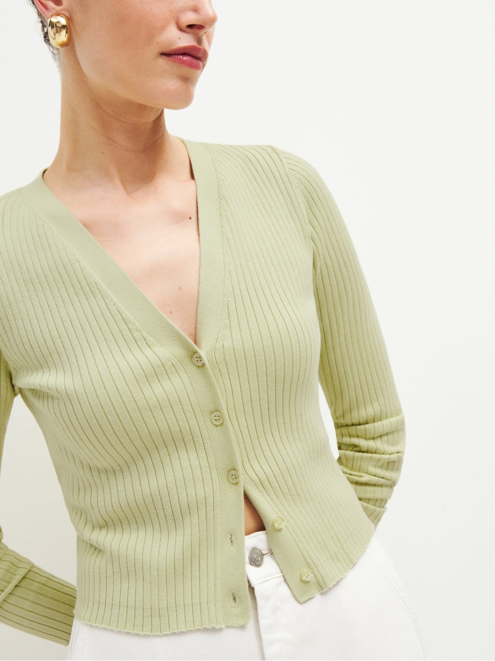 Reformation Gilda Ribbed V-Neck Cardigan – Eucalyptus Green – Size Medium - Picture 5 of 8